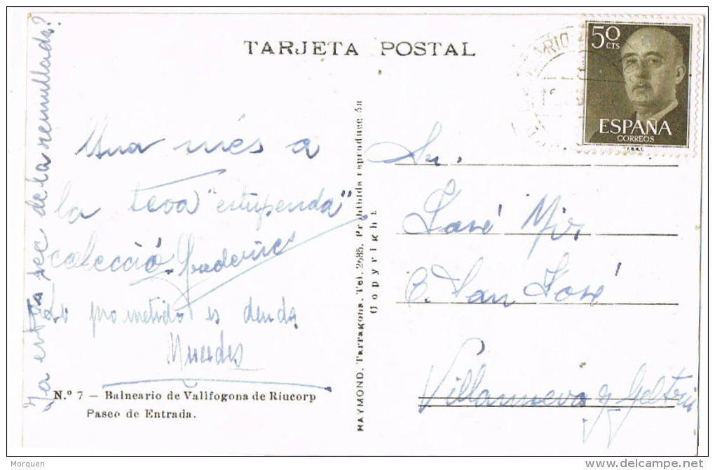 R 796. Postal VALLFOGONA De RIUCORB (tarragona) 1958. Balneario - Cartas & Documentos