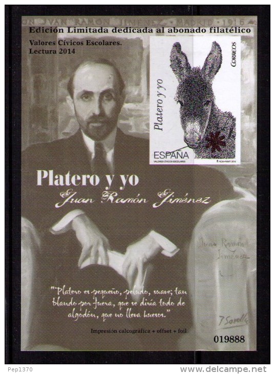 ESPAÑA 2014 - EDICION LIMITADA DE PLATERO Y YO DE JUAN RAMON JIMENEZ  (PRUEBA SIN DENTAR) MUY RARA - Burros Y Asnos