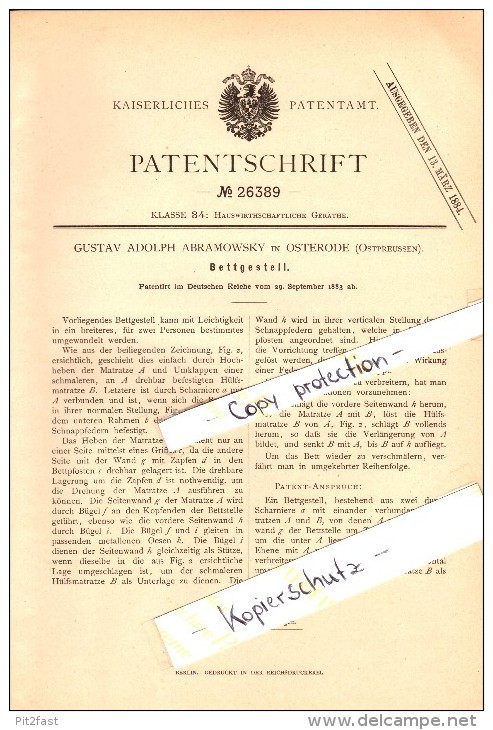 Original Patent - G. Abramowsky In Osterode / Ostróda I. Ostpreussen , 1883 , Bettgestell , Bett !!! - Ostpreussen