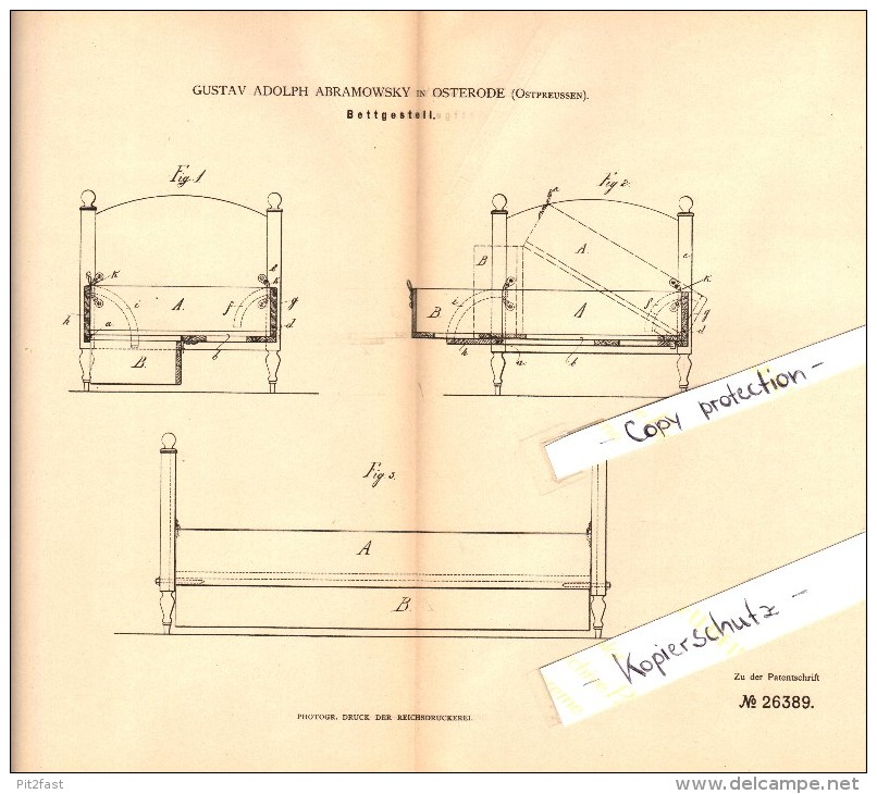 Original Patent - G. Abramowsky In Osterode / Ostróda I. Ostpreussen , 1883 , Bettgestell , Bett !!! - Ostpreussen