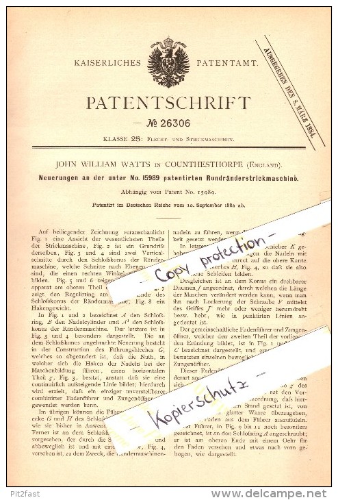 Original Patent - J.W. Watts In Countesthorpe , 1882 , Knitting Machine , Blaby !!! - Sonstige & Ohne Zuordnung