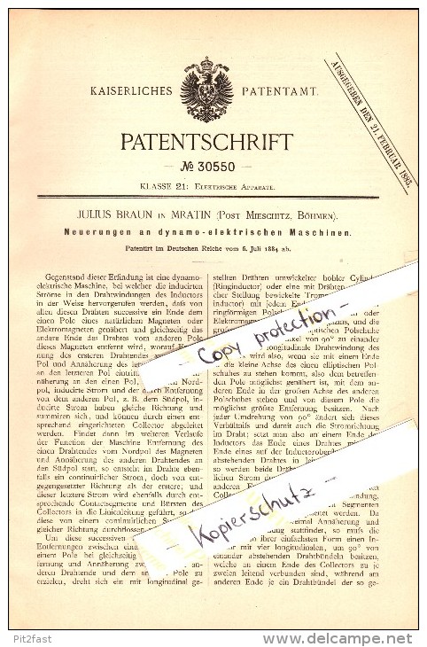 Original Patent - Julius Braun In Mratin B. Mieschitz / Mesice , 1884 , Dynamo-elektrische Maschine !!! - Boehmen Und Maehren