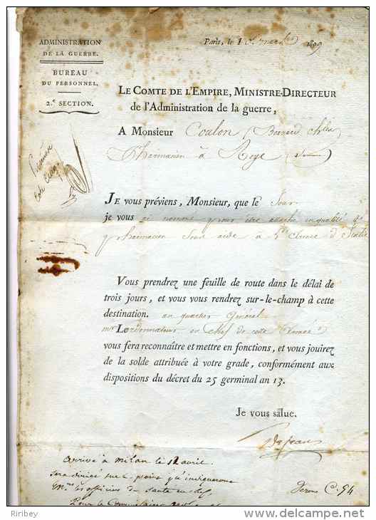 Document COMTE De L'EMPIRE MINISTRE DIRECTEUR DE L'adm DE LA GUERRE / Paris 1809 /  Autographe Général DEJEAN - Legerstempels (voor 1900)