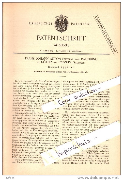 Original Patent - F.J. Anton Freiherr Von Palstring In Kötitz B. Coswig ,1883, Apparat Für Kutsche , Wagenbau , Pferde ! - Coswig