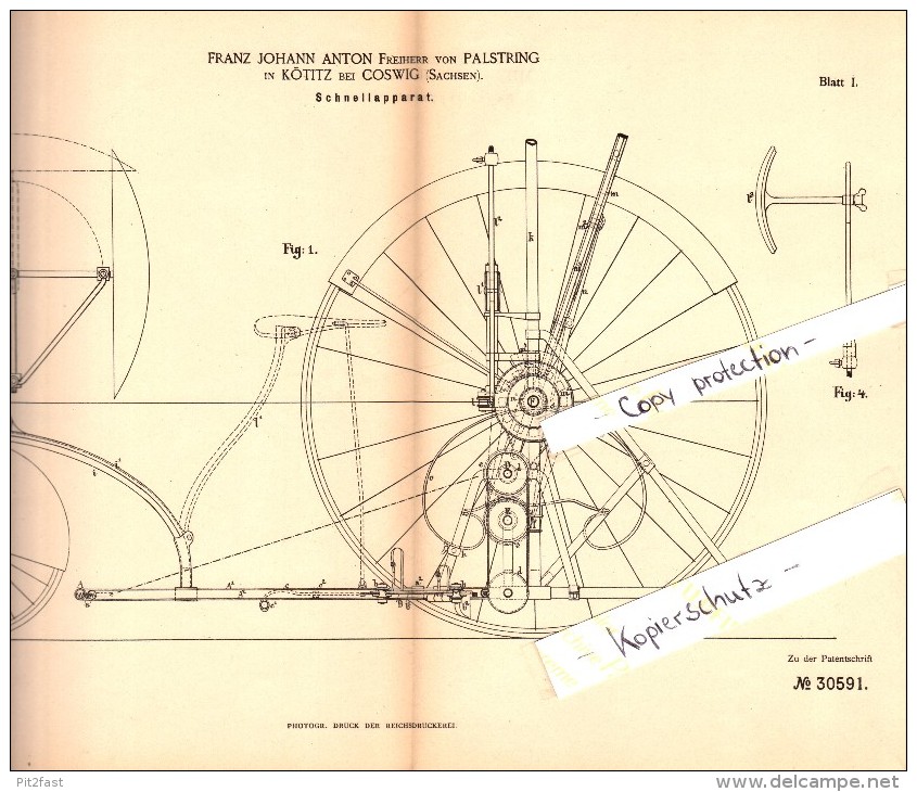 Original Patent - F.J. Anton Freiherr Von Palstring In Kötitz B. Coswig ,1883, Apparat Für Kutsche , Wagenbau , Pferde ! - Coswig