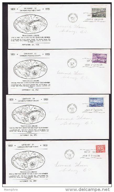 1951 Centenary Of Canadian Postage Stamps SC 311-4 On 4 Trans-Canada Airlines Special FDC CBC Stamp Club - ....-1951