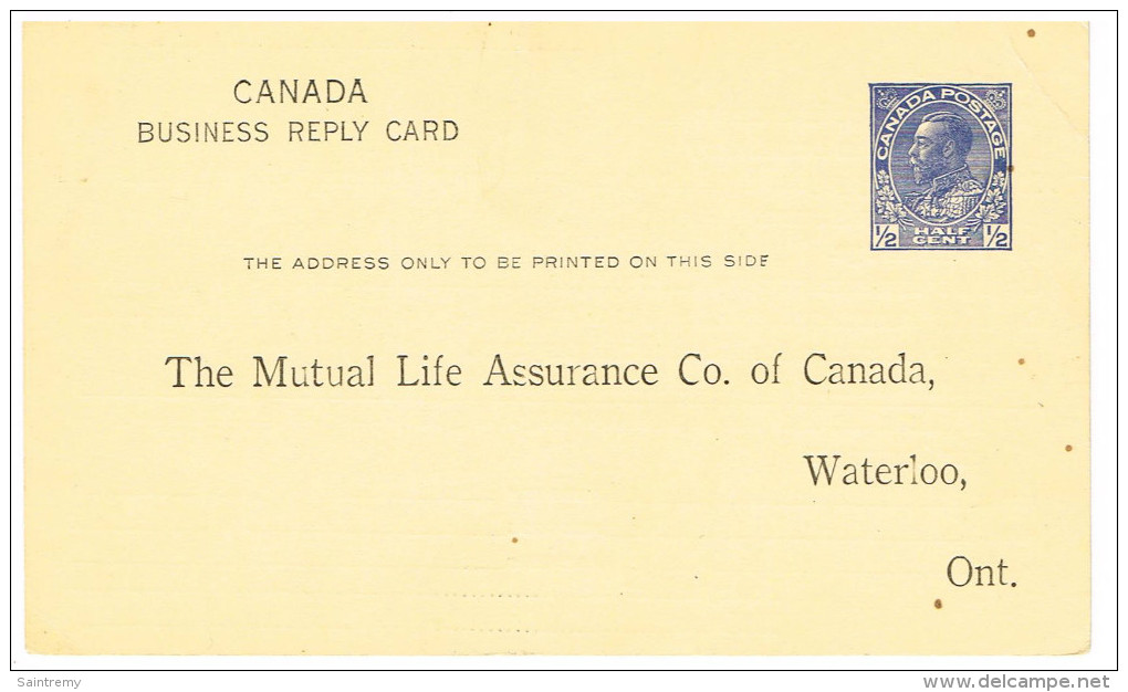 Canada Business Reply Card 1/2 Cent Georges V For The Mutual Life Assurance Co Of Canada, Waterloo - 1860-1899 Règne De Victoria