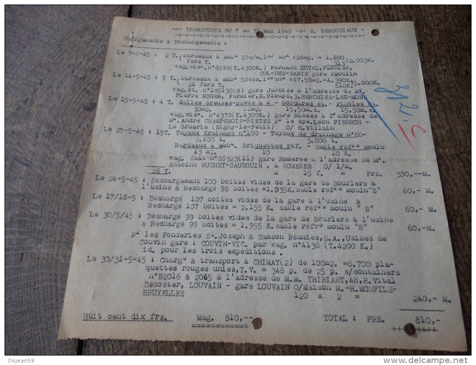 Transports Du 07 Au 31 Mai 1945 De La Firme Des Produits Réfractaires Par Chemin De Fer Avec N° Des Wagons Et Destinatio - Chemin De Fer