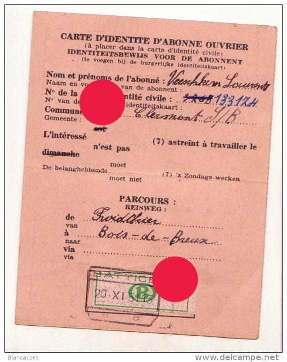 SNCB Carte D'identité D'ouvrier 1951 Veeschkens De  Clermont / Parcours Froidthier - Bois De Breux / Cachet Battice - Autres & Non Classés