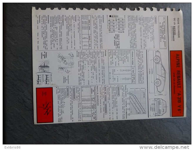 ALPINE RENAULT A 310 V6, Fiche Technique 1979 (recto-verso) ;   Ref 464 VP 34 - Collections