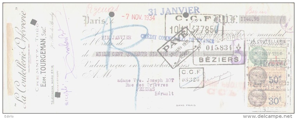 LETTRE DE CHANGE - 1934 -  La Coutellerie Orfevrerie TOURGEMAN -  Rue De Bondy PARIS - 1900 – 1949