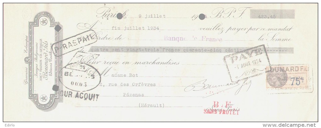 LETTRE DE CHANGE - 1934 - Gravures Estampes Bernard Et Fils PARIS  Rue Raspail - - 1900 – 1949