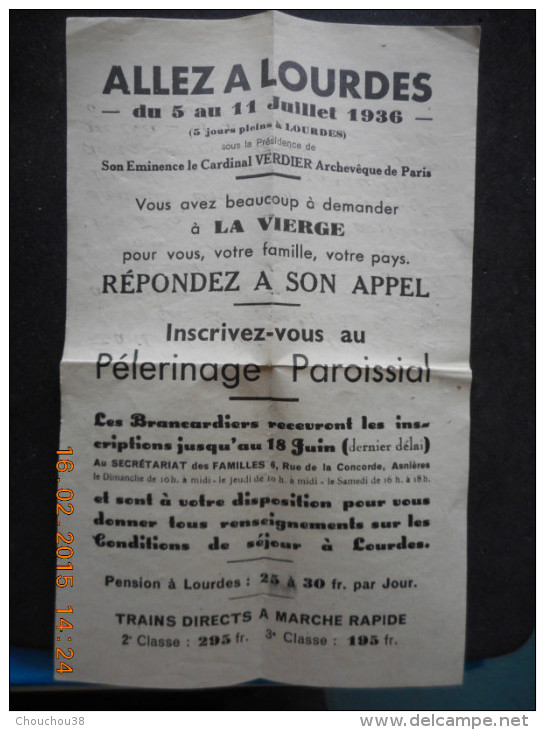 Tract "ALLEZ A LOURDES" 1936 Sous La Présidence De Son Eminence Le Cardinal VERDIER - Religion & Esotericism