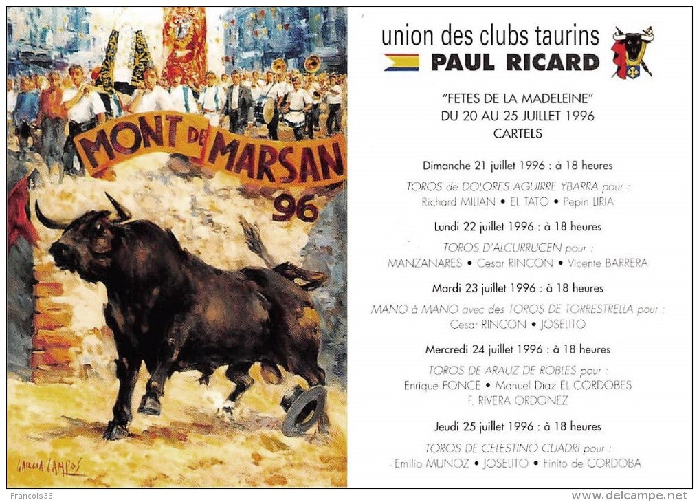 TTBE Superbe Illustration Corrida De Mont De Marsan 1996 Taureau Fête Populaire - Clubs Taurins Paul Ricard - Corrida