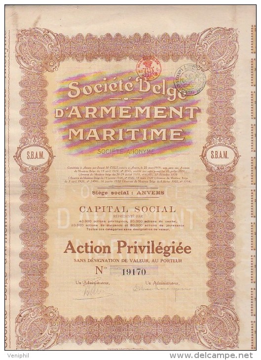 ACTION - SOCIETE BELGE D'ARMEMENT MARITIME -ANVERS - 1922 - Otros & Sin Clasificación