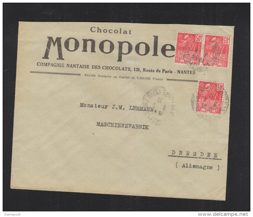 Lettre Chocolat Monopole Pour L'Allemagne - 1921-1960: Periodo Moderno