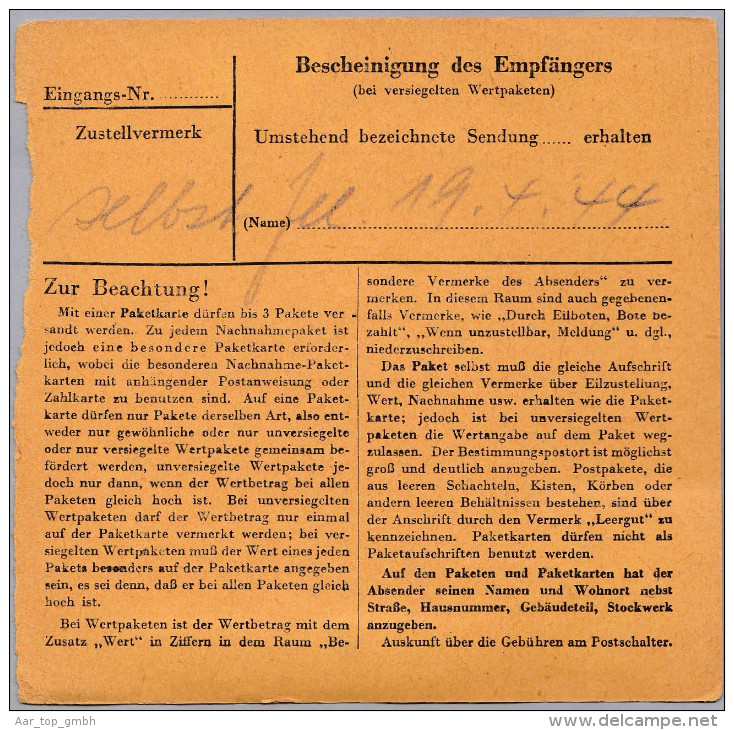Luxemburg 1944-04-18 Luxemburg 1 Paketkarte Mit 50 RPf. E.F. - 1940-1944 Occupation Allemande
