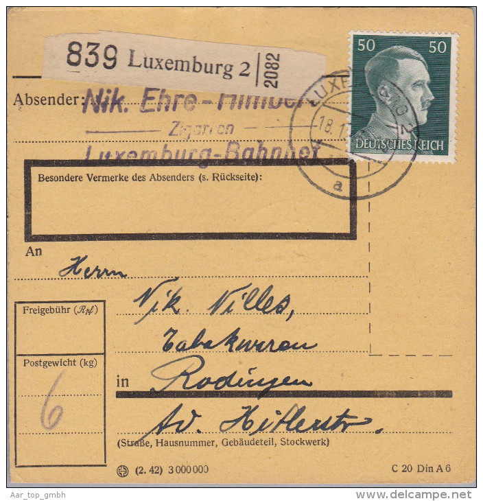 Luxemburg 1943-01-18 Luxemburg 1 Paketkarte Nach Rodingen - 1940-1944 Occupation Allemande