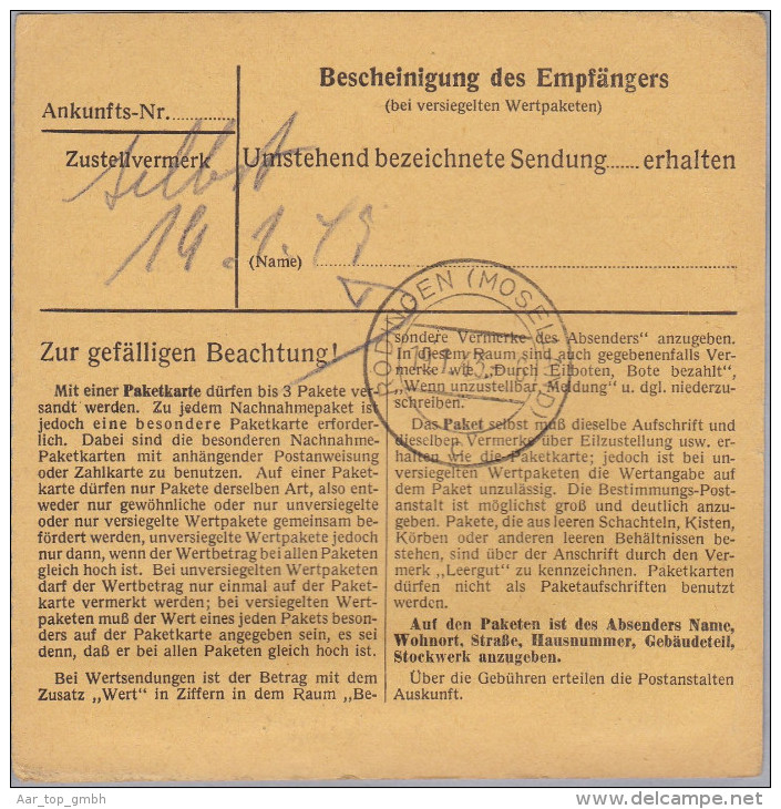 Luxemburg 1943-01-18 Luxemburg 1 Paketkarte Nach Rodingen - 1940-1944 Occupation Allemande