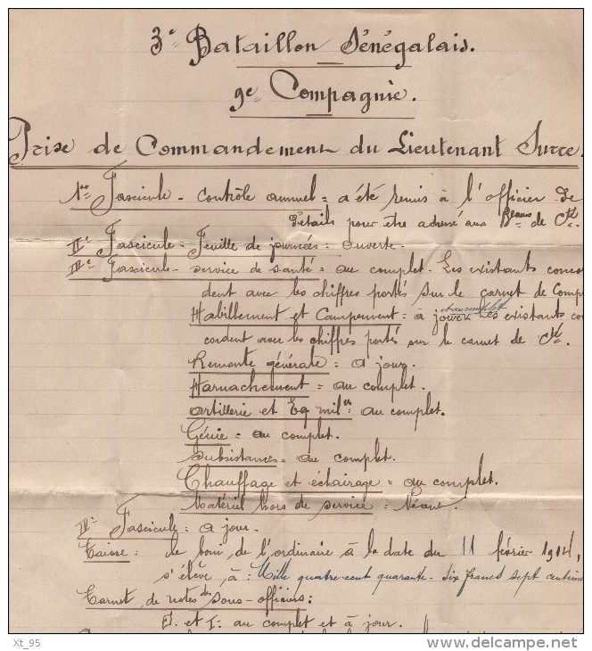 3e Bataillon Senegalais - Prise De Commandement Du Lieutenant Surre - Document D Un Page - 1914 - Ohne Zuordnung