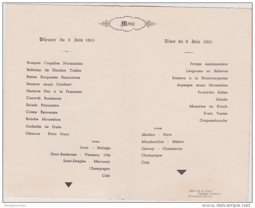 Menu :  1935  , Hotel De La  Gare  , Guilmin  Gustave  MONSECRET  , Orne  Prés    Tinchebray - Menus