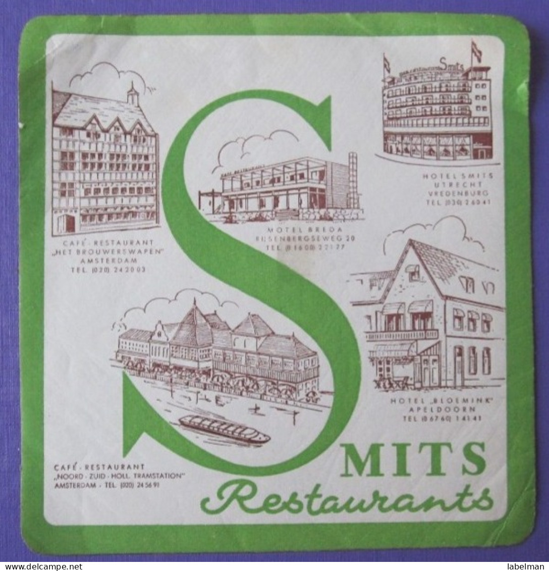 HOTEL RESIDENCE MOTEL SMITS RESTAURANT AMSTERDAM HOLLAND NETHERLANDS DECAL STICKER LUGGAGE LABEL ETIQUETTE AUFKLEBER - Adesivi Di Alberghi