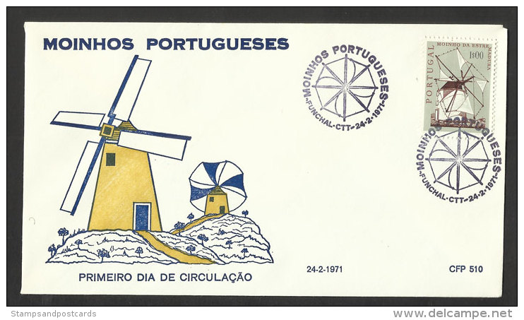 Portugal 1971 FDC Moulins Moulin Cachet Funchal Madère Madeira FDC Windmills Windmill - Windmills