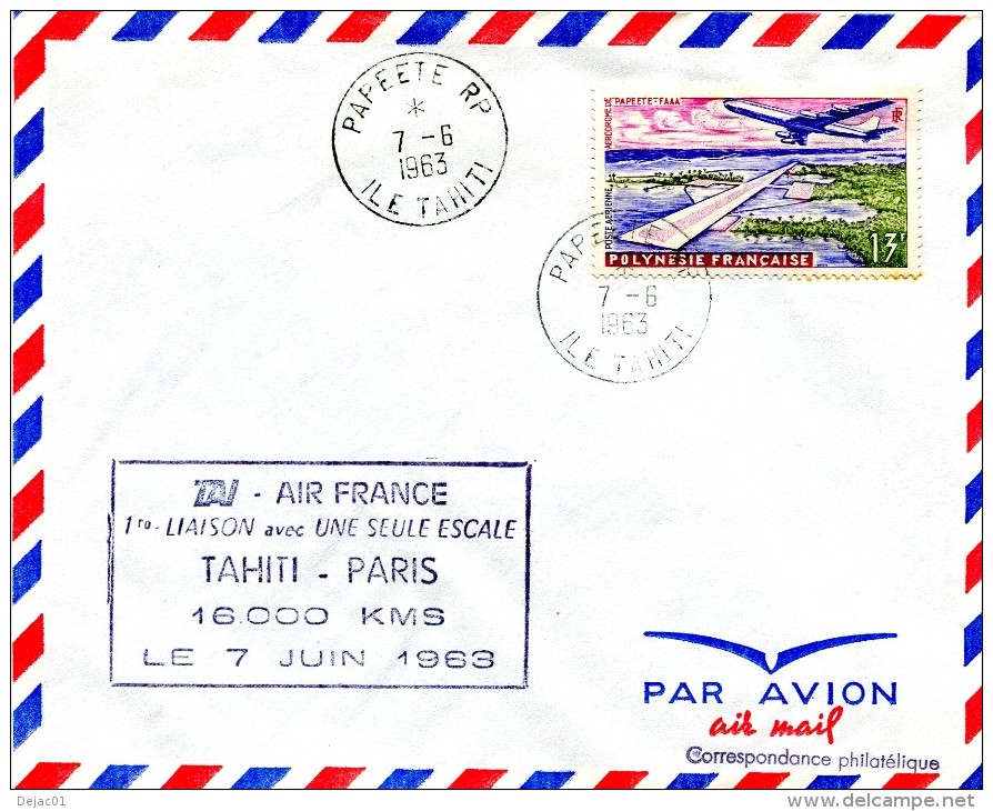 Polynésie - Première Liaison TAI AIR FRANCE Avec Un Seule Escale - TAHITI PARIS - 7 Juin 1963 - R 1570 - Storia Postale