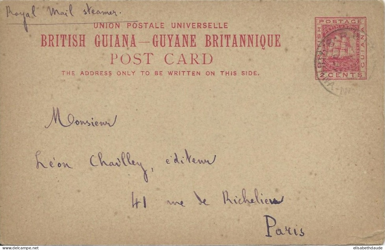 BRITISH GUIANA - 1897 - CARTE POSTALE (ENTIER POSTAL) De DEMERARA Pour PARIS - Britisch-Guayana (...-1966)