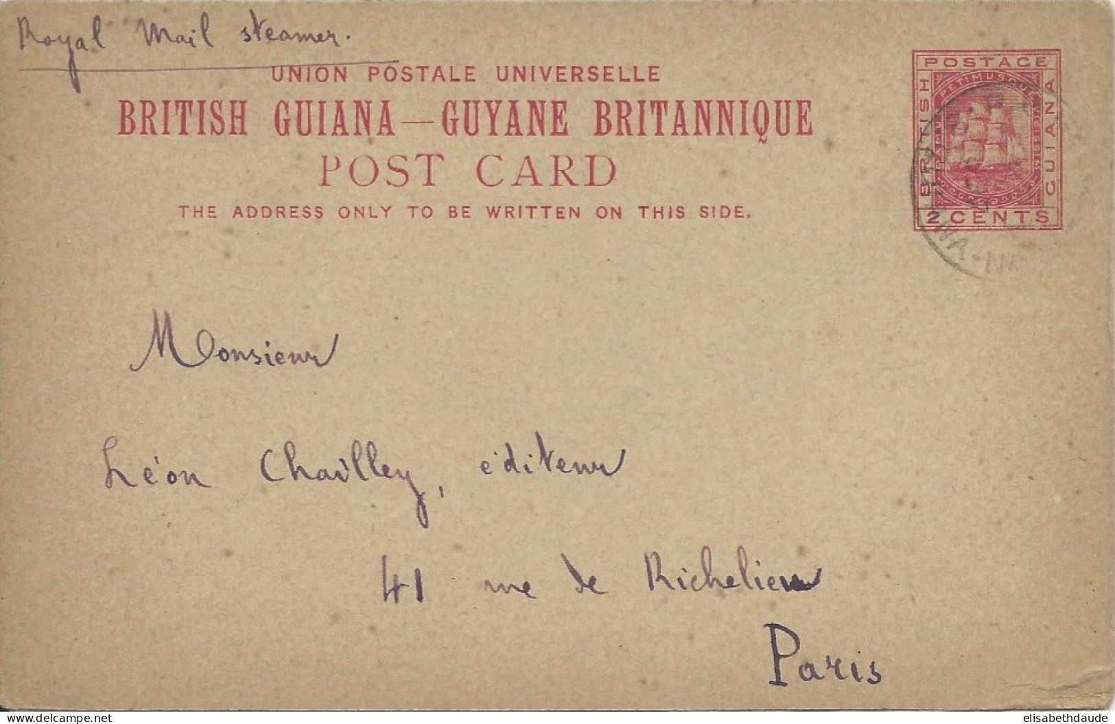 BRITISH GUIANA - 1897 - CARTE POSTALE (ENTIER POSTAL) De DEMERARA Pour PARIS - Guyane Britannique (...-1966)