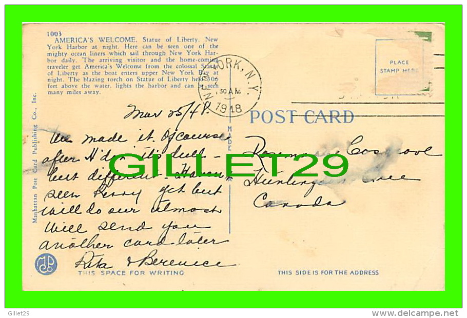 NEW YORK CITY, NY - STATUE OF LIBERTY AT NIGHT - TRAVEL IN 1918 - MANHATTAN POST CARD PUB. CO - AIR BALLON - - Estatua De La Libertad