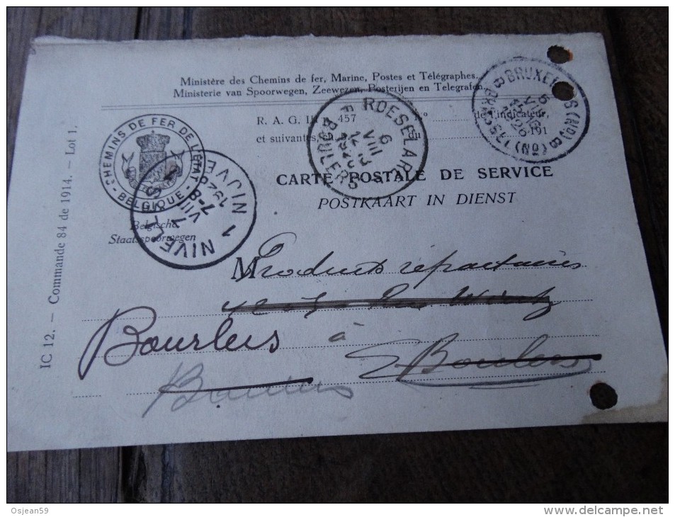 Carte Postale De Service Ministère Des Chemins De Fer OBL Bruxelles,Roeselart,Nivelles 5,6 Et 07/08/1926 Vers Bourlers - Ambulants