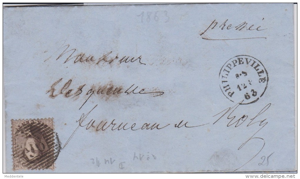 Belgique Lettre N°14 PHILIPPEVILLE 12-8-1863 Vers Roly Dans Le Même Canton: Pas De Cachet D'arrivée TTB - Collections (en Albums)