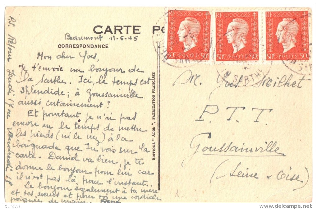3161 BEAUMONT Sarthe Carte Postale Dulac 50 C Vermillon Yv 685 Ob 12 5 45 - Briefe U. Dokumente