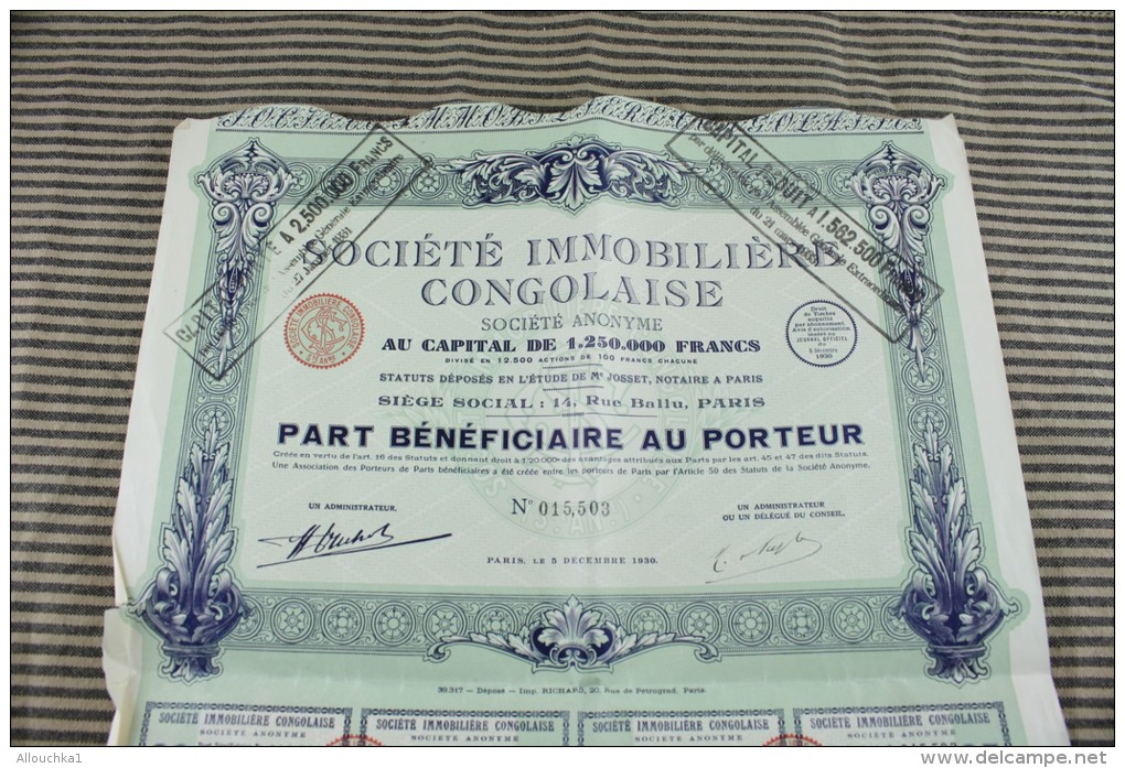 Action Titre Societe IMMOBILIERE CONGOLAISE Rue Ballu PARIS 5 Déc 1929 Part Bénéficiaire Au Porteur - G - I