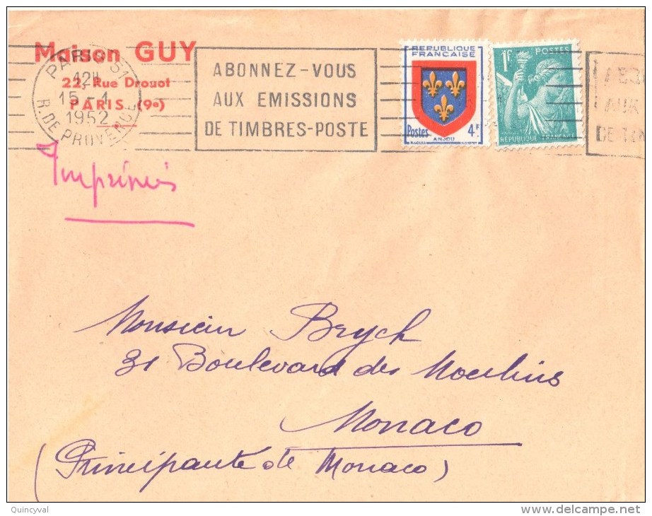 3159 PARIS 51 Lettre Tf Imprimés Dest MONACO Ob 15 1 1952 Blason Anjou Yv 838 Iris 1 F Yv 650 - Storia Postale