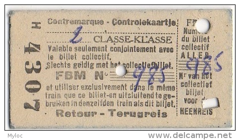 Ticket De Train. Contremarque Pour Billet Collectif.  2m Classe Retour. - Europa