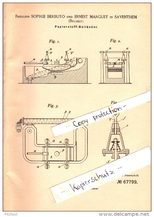 Original Patent - Sophie Berbuto Und Ernest Marguet In Zaventem , 1892 , Papier-Fabrikation , Saventhem  !!! - Zaventem