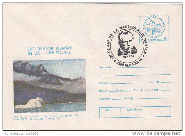 12641- FRIDTJOF NANSEN, POLAR EXPLORER, SPECIAL POSTMARK ON COVER STATIONERY, 1986, ROMANIA - Poolreizigers & Beroemdheden