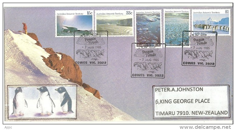 Parade De Pingouins, Phillip Island, Lettre Adressée En Nouvelle-Zélande, Série Yvert  68/72 - Faune Antarctique