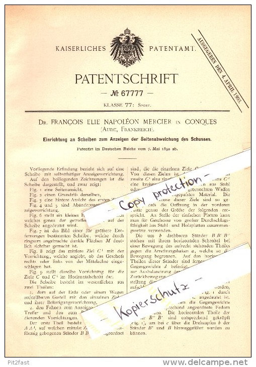 Original Patent - Dr. Francois Mercier à Conques-sur-Orbiel , 1892 , Cible Pour Le Tir , Shooting Club !!! - Conques Sur Orbiel