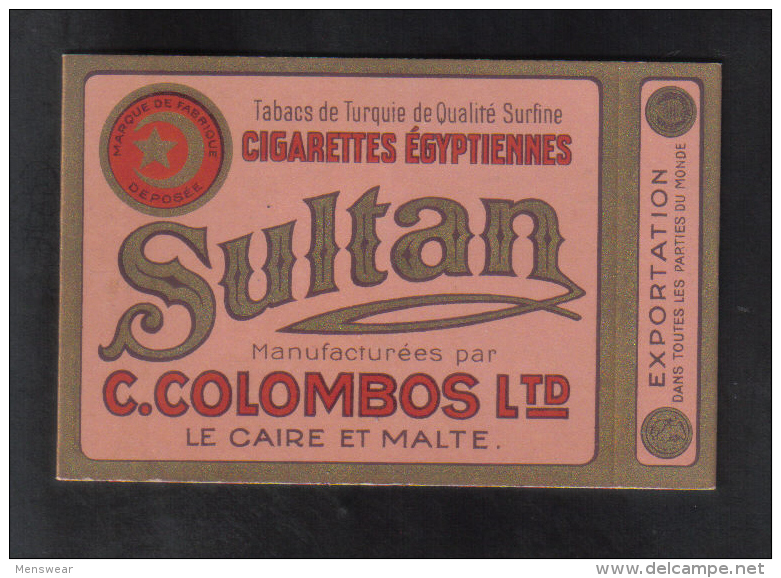 SULTAN  C.COLOMBOS LTD.CAIRO MALTA  PACKET OF 20 CIGARETTE - 1910 VERY RARE - - Empty Cigarettes Boxes