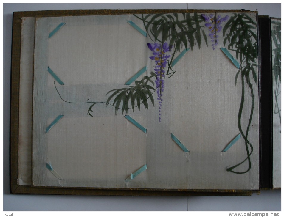 Early 1920´s Japanese black lacquer silk panel handpainted postcard album