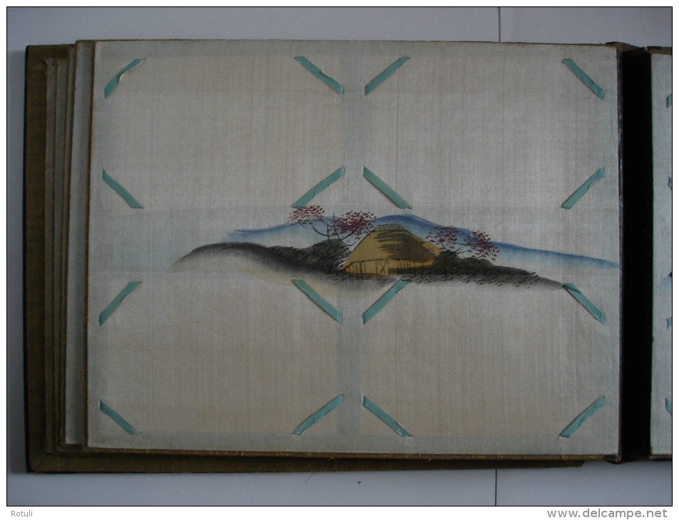 Early 1920´s Japanese black lacquer silk panel handpainted postcard album