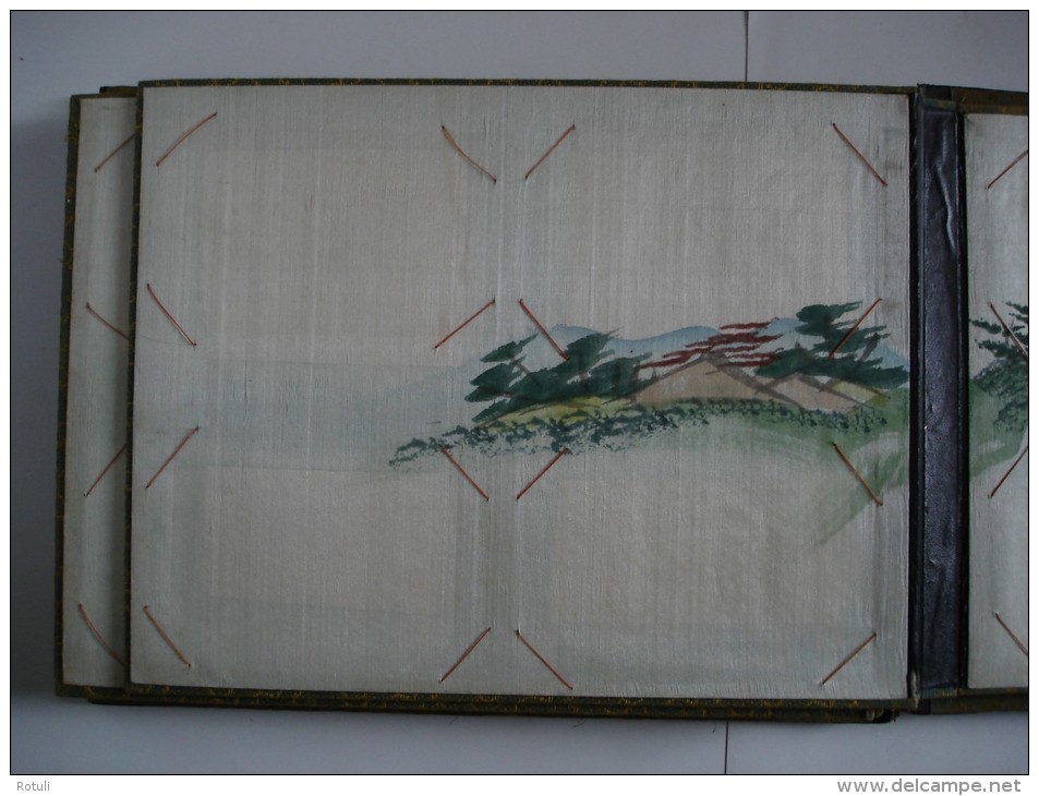 Early 1920´s Japanese black lacquer handpainted silk panel  mother of pearl inlayed postcard album