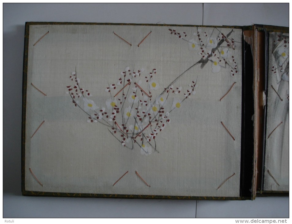 Early 1920´s Japanese black lacquer handpainted silk panel  mother of pearl inlayed postcard album