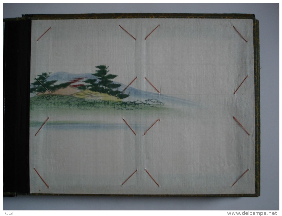 Early 1920´s Japanese black lacquer handpainted silk panel  mother of pearl inlayed postcard album