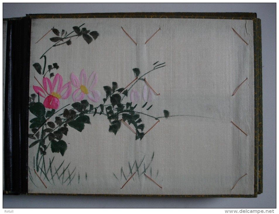 Early 1920´s Japanese black lacquer handpainted silk panel  mother of pearl inlayed postcard album