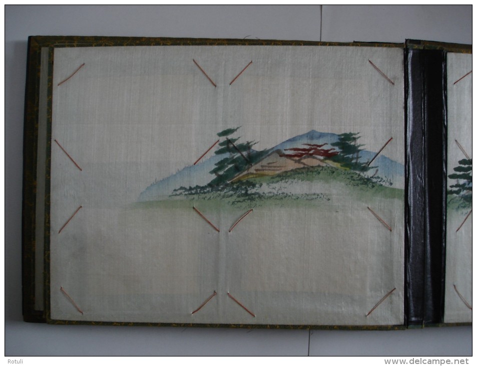 Early 1920´s Japanese black lacquer handpainted silk panel  mother of pearl inlayed postcard album