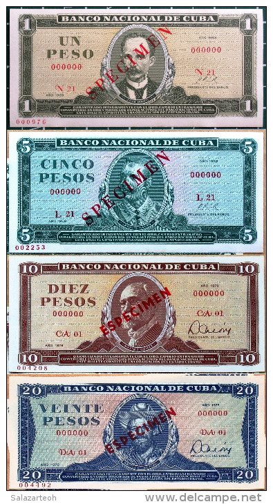 1968-78 BankNotes 1, 5, 10 & 20 Pesos SPECIMENS Really Mint UNC Condition From Pack, CUBA - Cuba